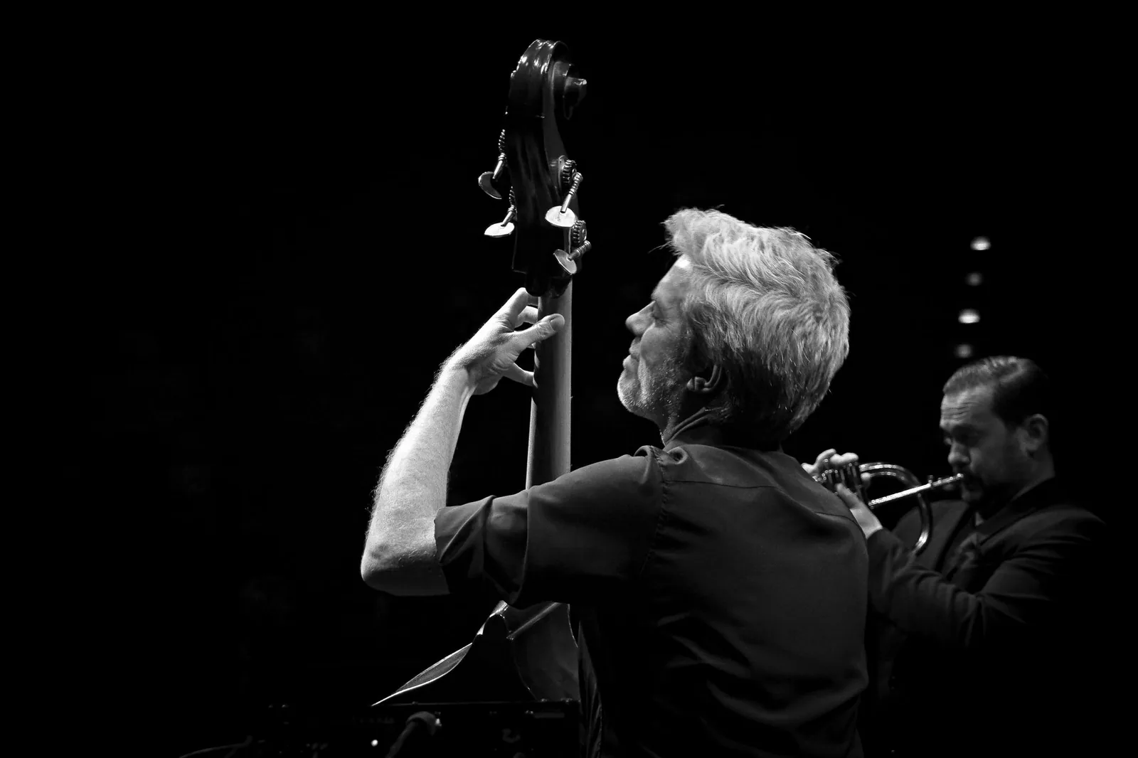 Jazz band performing live on a dimly lit concert stage